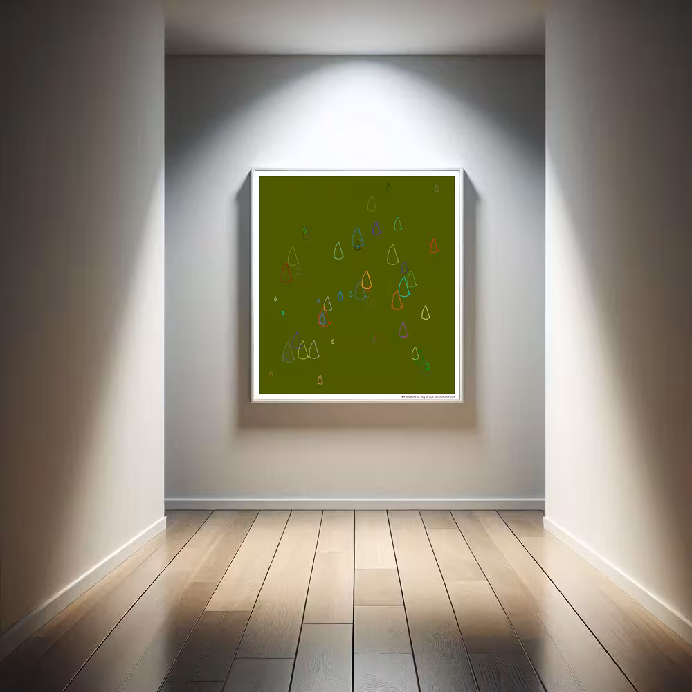 57 droplets on fog of dull caramel and mint in room setting