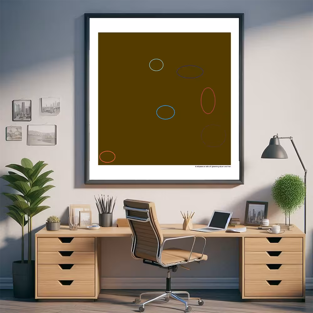 6 ellipses on silk of gleaming silver and tan in room setting