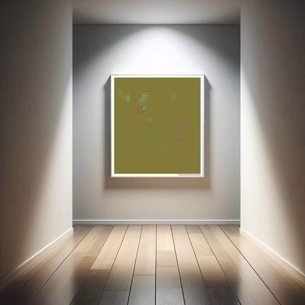 12 fans on burnished ruby and misty blue in room setting