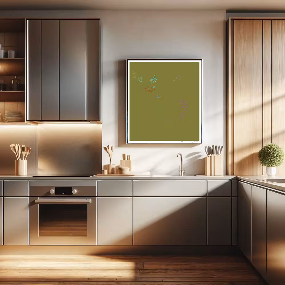 12 fans on burnished ruby and misty blue in room setting