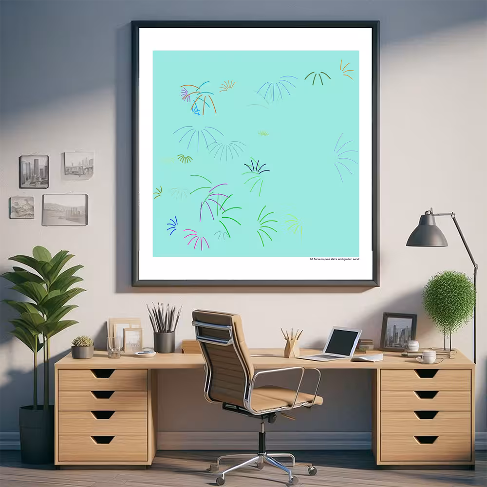 32 fans on pale slate and golden sand in room setting