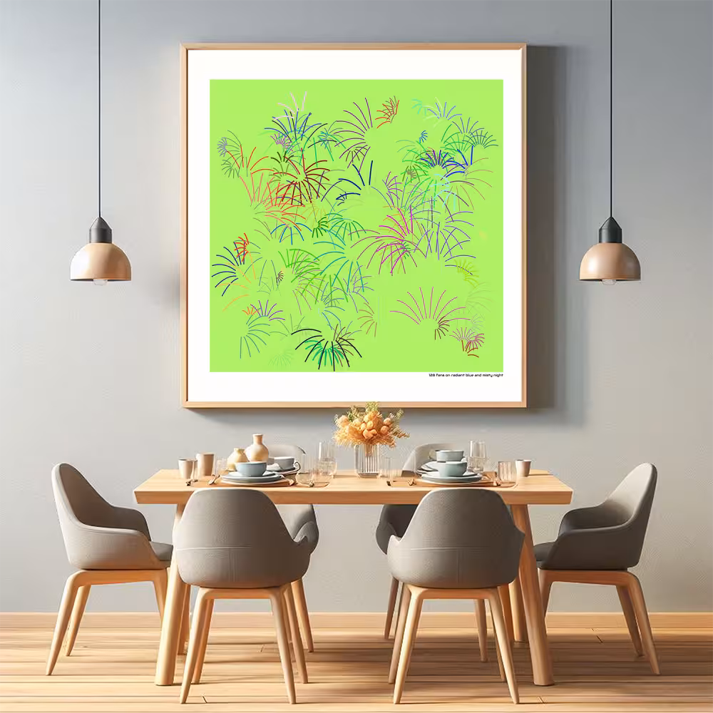 128 fans on radiant blue and misty night in room setting