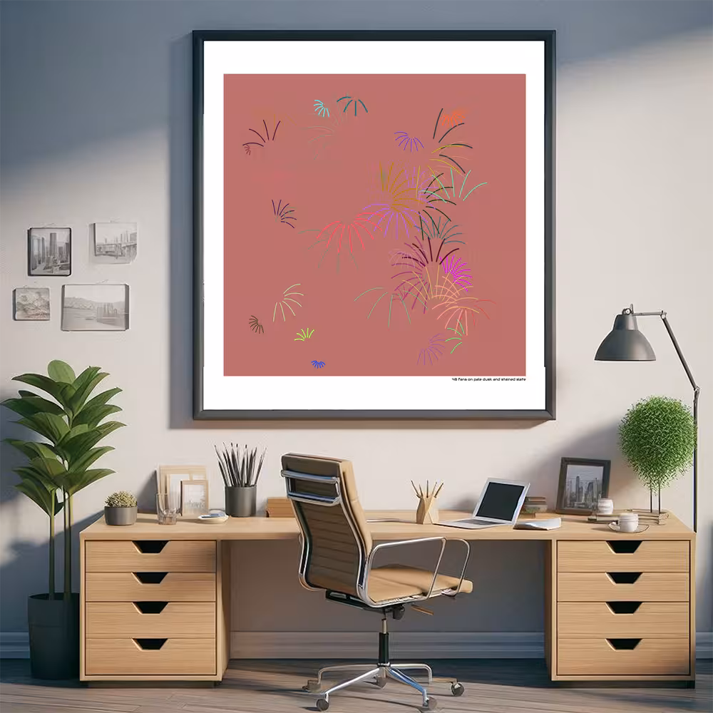 48 fans on pale dusk and stained slate in room setting