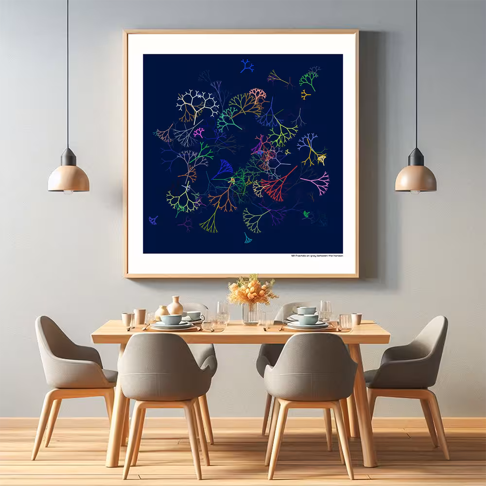 101 fractals on gray between the horizon in room setting