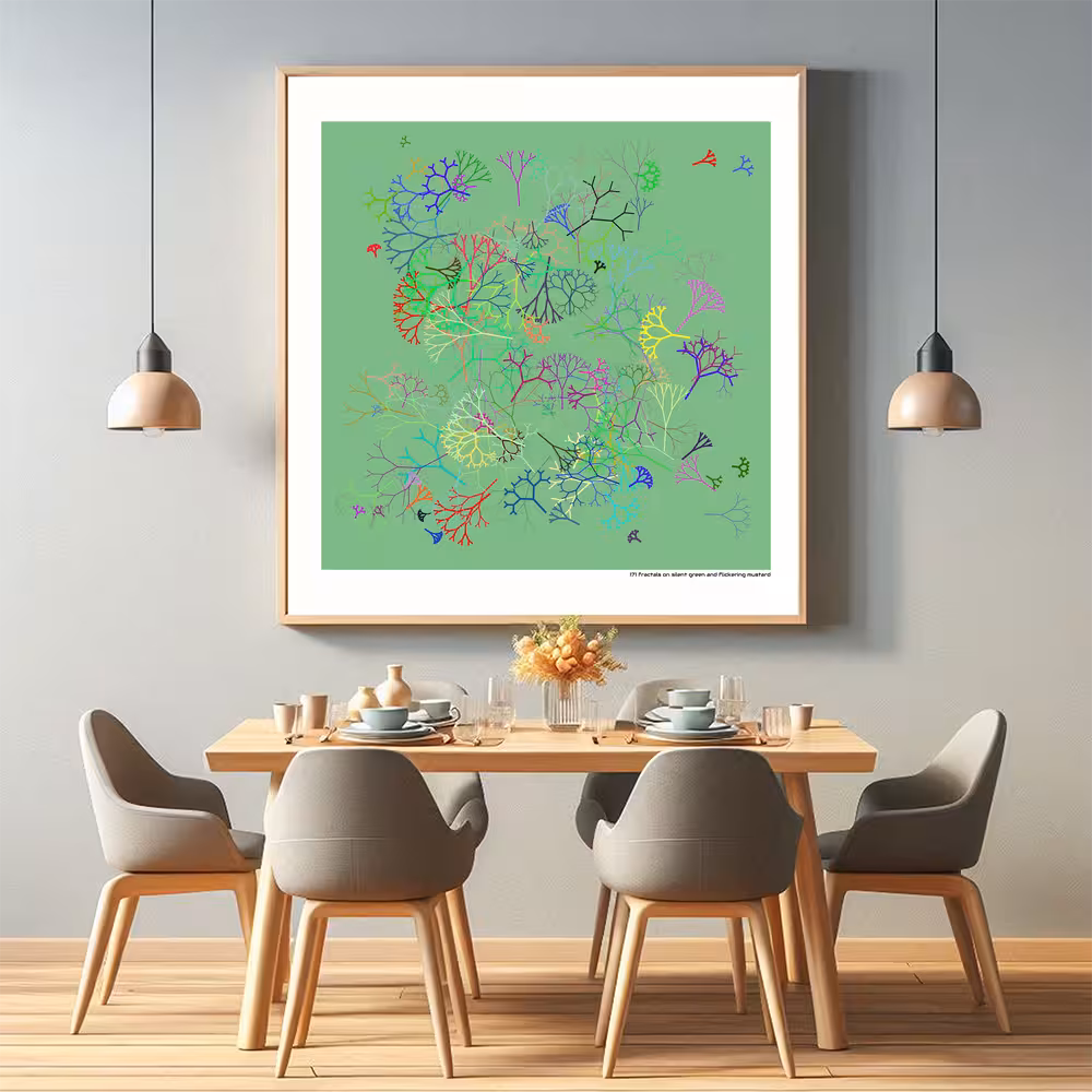 171 fractals on silent green and flickering mustard in room setting