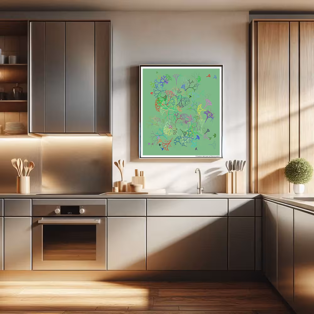 171 fractals on silent green and flickering mustard in room setting