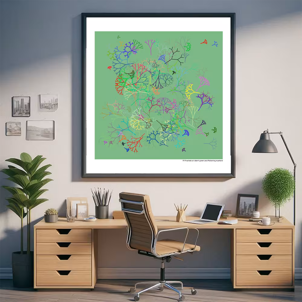 171 fractals on silent green and flickering mustard in room setting