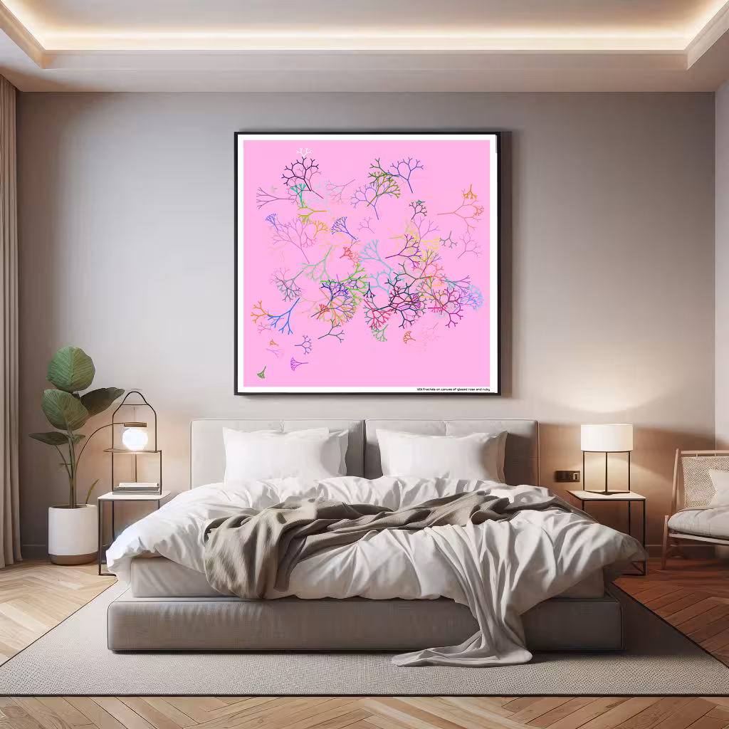 123 fractals on canvas of glazed rose and ruby in room setting
