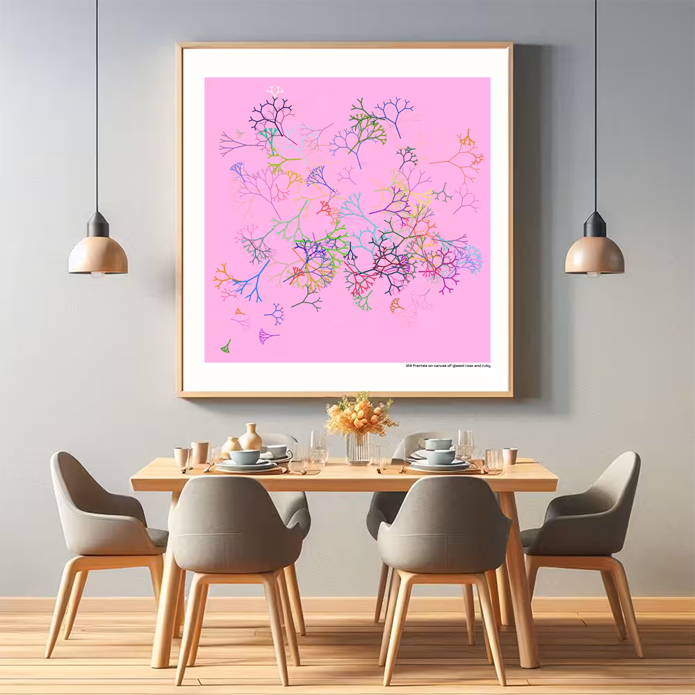123 fractals on canvas of glazed rose and ruby in room setting