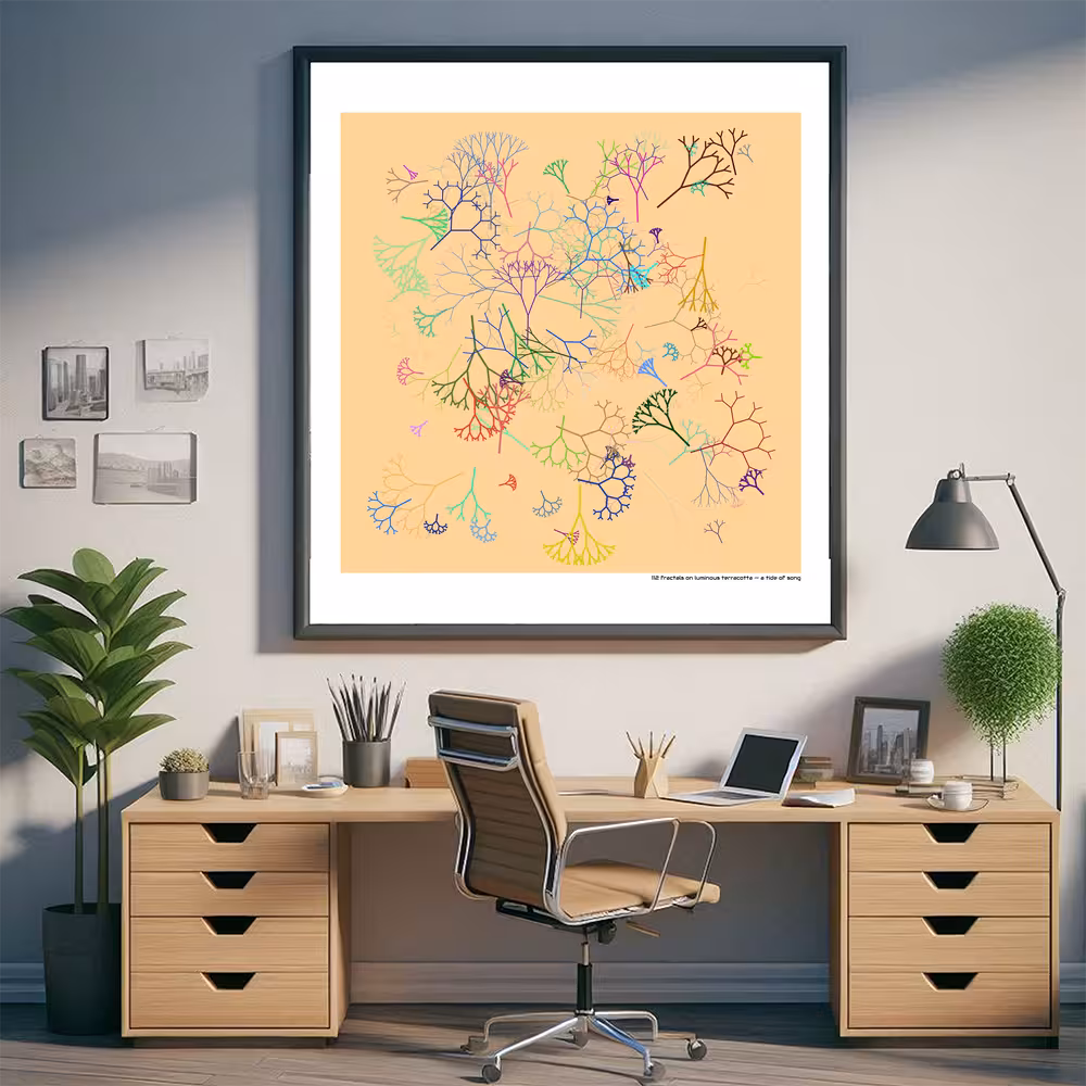 112 fractals on luminous terracotta — a tide of song in room setting