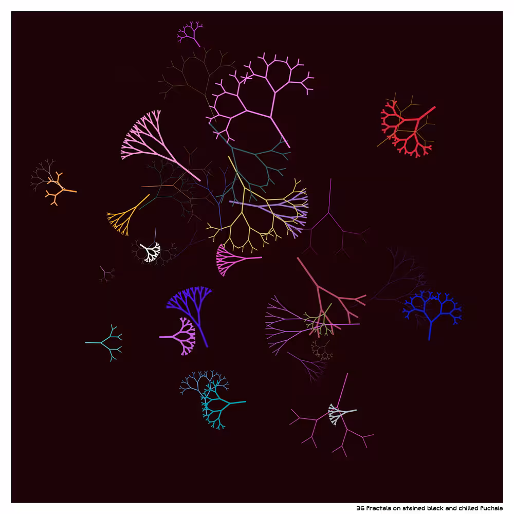 36 fractals on stained black and chilled fuchsia
