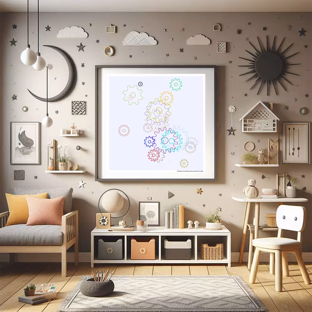 26 gears on glowing ivory and spell of pulse in room setting