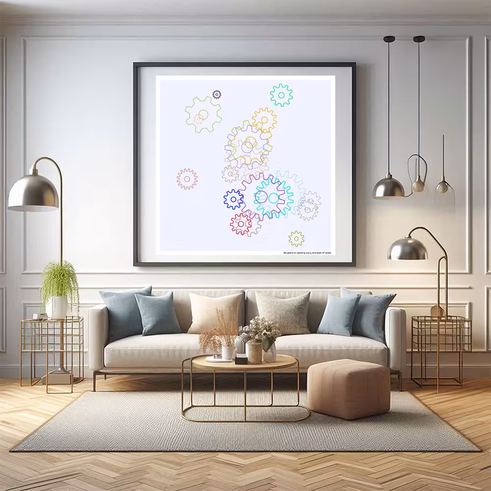 26 gears on glowing ivory and spell of pulse in room setting