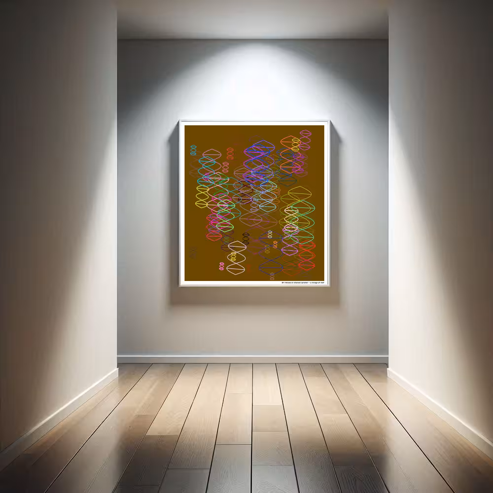 84 helixes on stained caramel — a mirage of mist in room setting