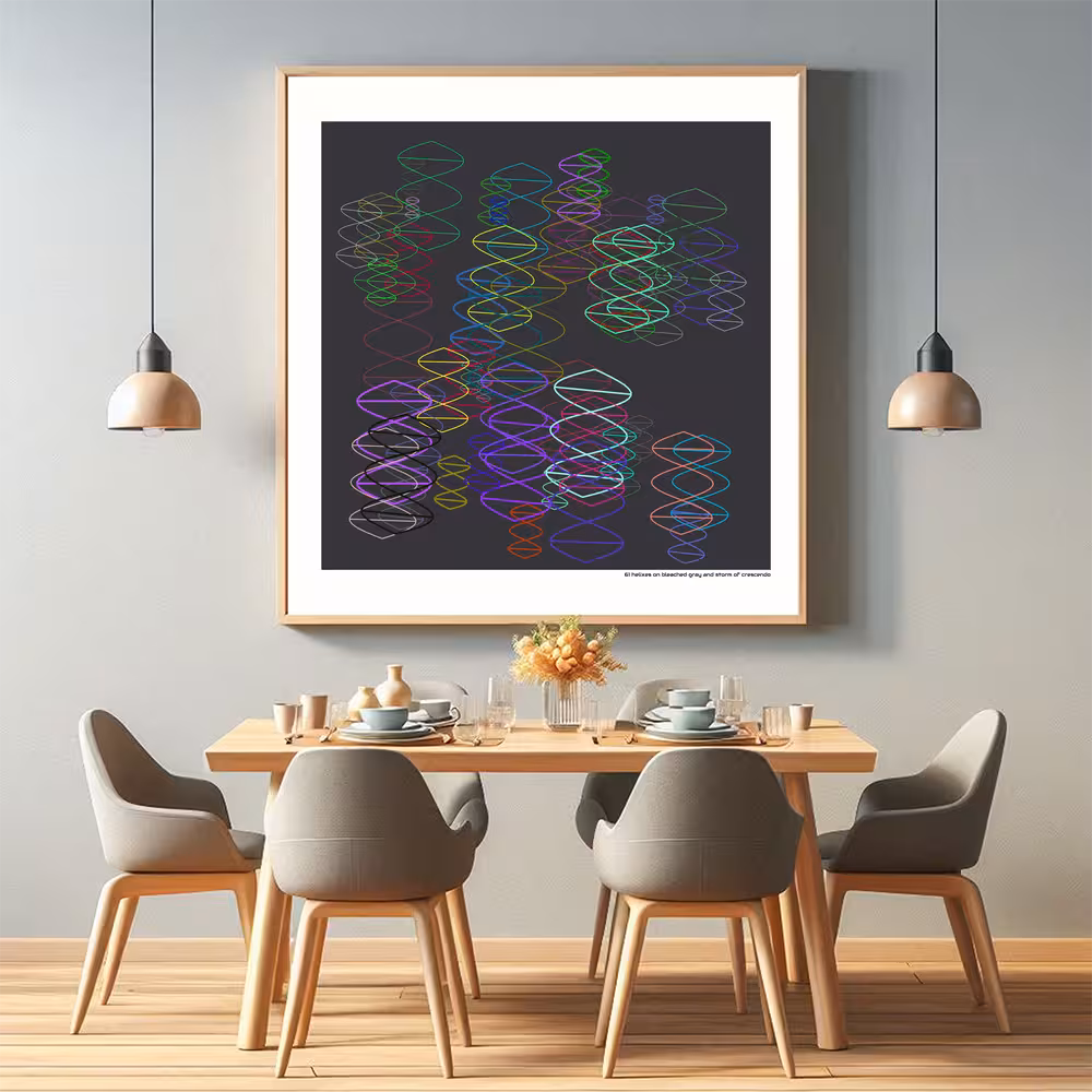 61 helixes on bleached gray and storm of crescendo in room setting