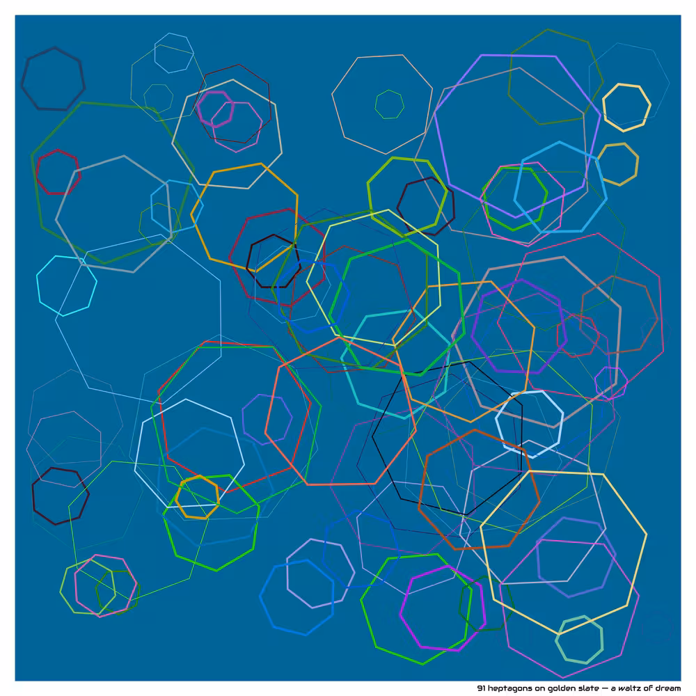 91 heptagons on golden slate — a waltz of dream