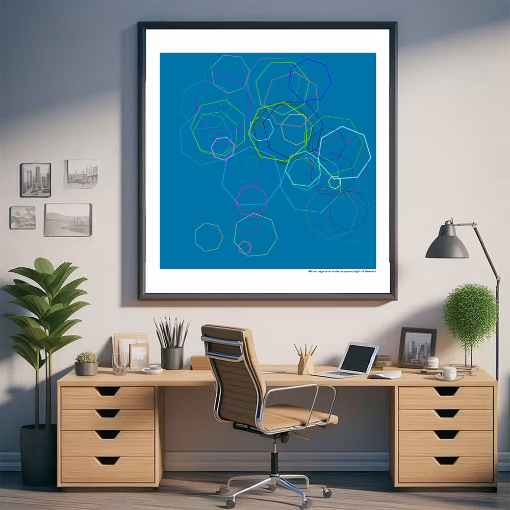 46 heptagons on muted aqua and light of descent in room setting