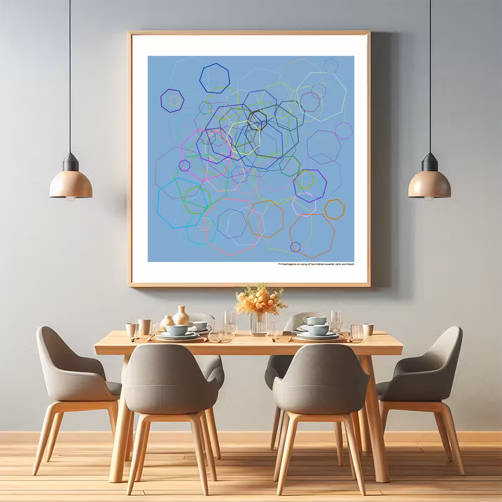 74 heptagons on song of burnished powder pink and black in room setting