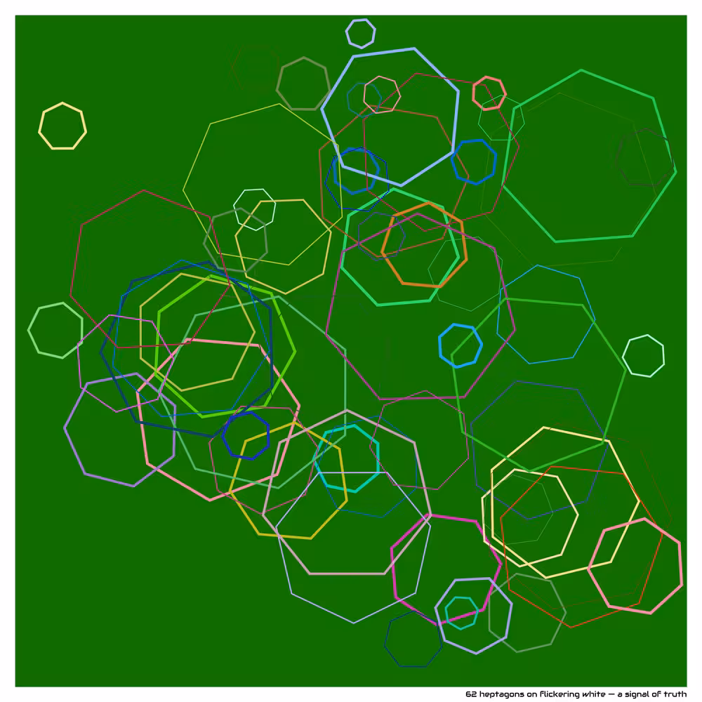 62 heptagons on flickering white — a signal of truth