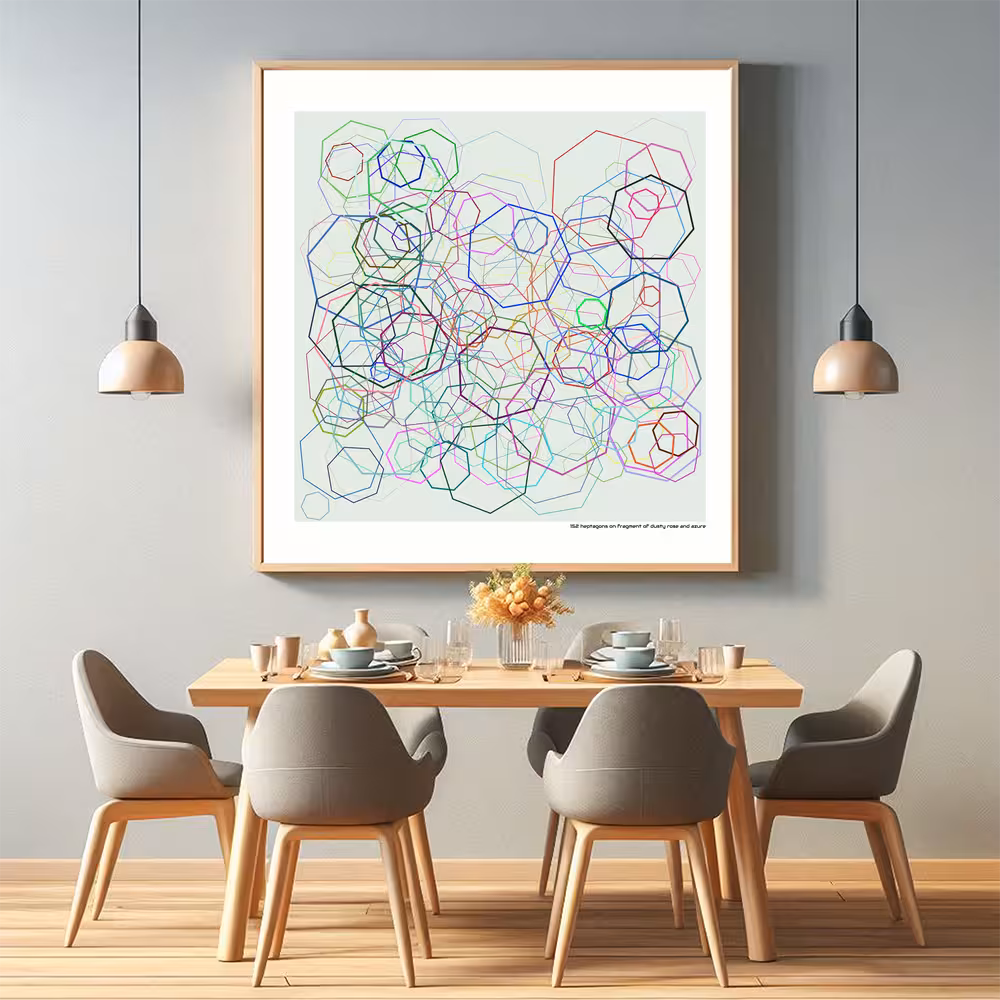 152 heptagons on fragment of dusty rose and azure in room setting