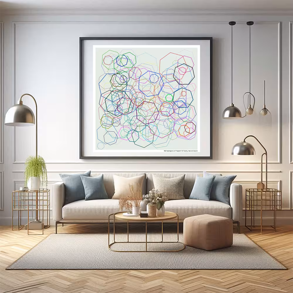 152 heptagons on fragment of dusty rose and azure in room setting