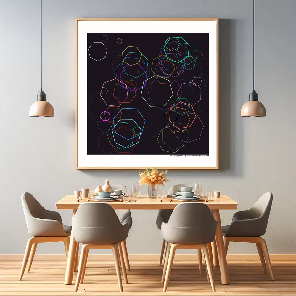 54 heptagons on a translucent black through mist in room setting