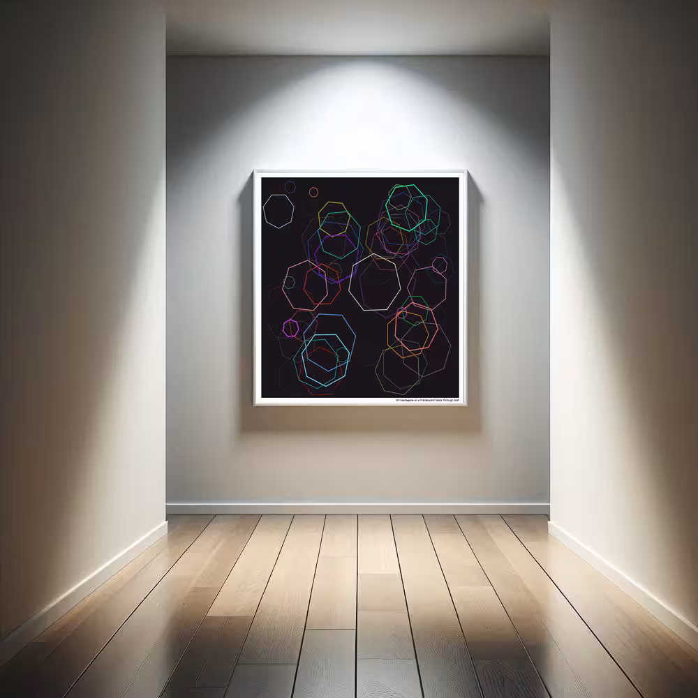 54 heptagons on a translucent black through mist in room setting