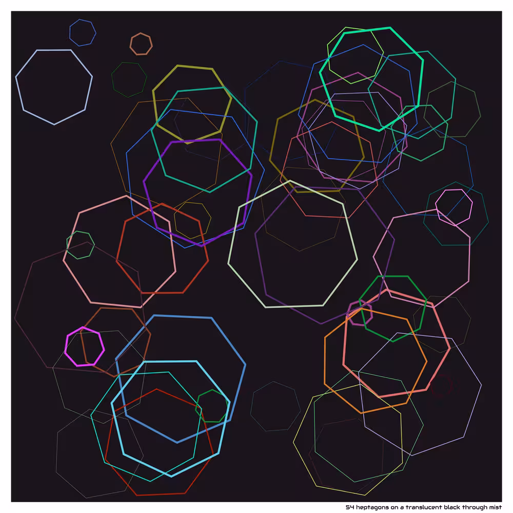 54 heptagons on a translucent black through mist