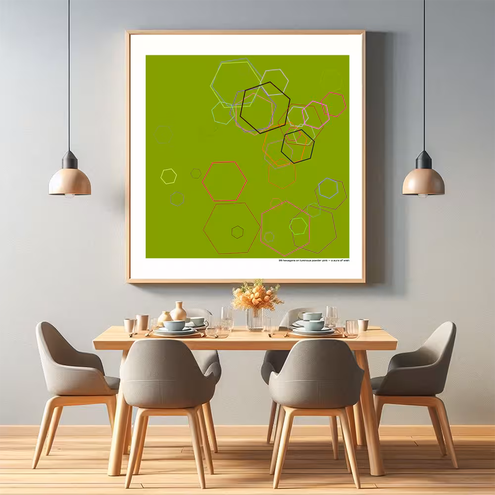 39 hexagons on luminous powder pink — a aura of wish in room setting