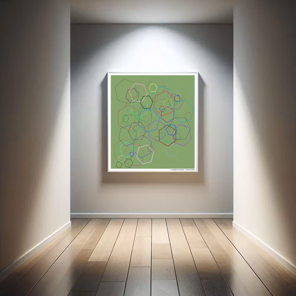 71 hexagons on dull blush — a trace of temple in room setting