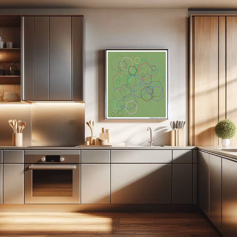 71 hexagons on dull blush — a trace of temple in room setting