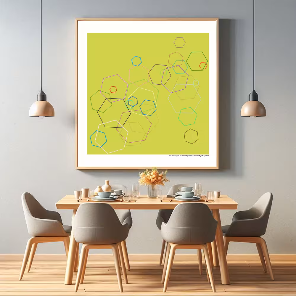 32 hexagons on chilled peach — a infinity of garden in room setting