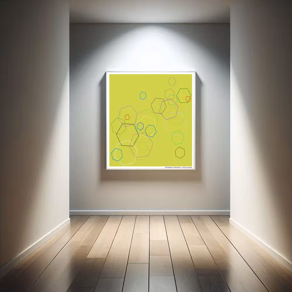 32 hexagons on chilled peach — a infinity of garden in room setting