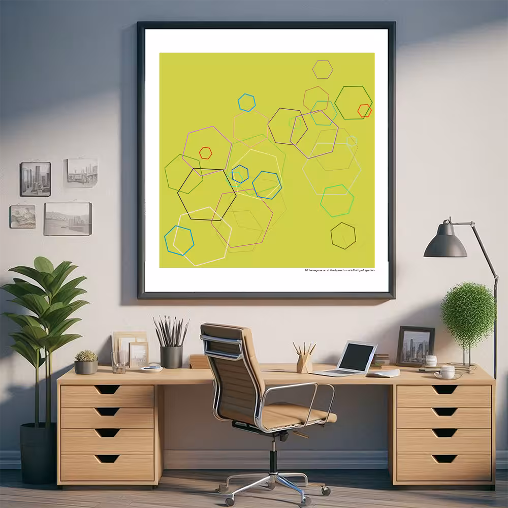 32 hexagons on chilled peach — a infinity of garden in room setting