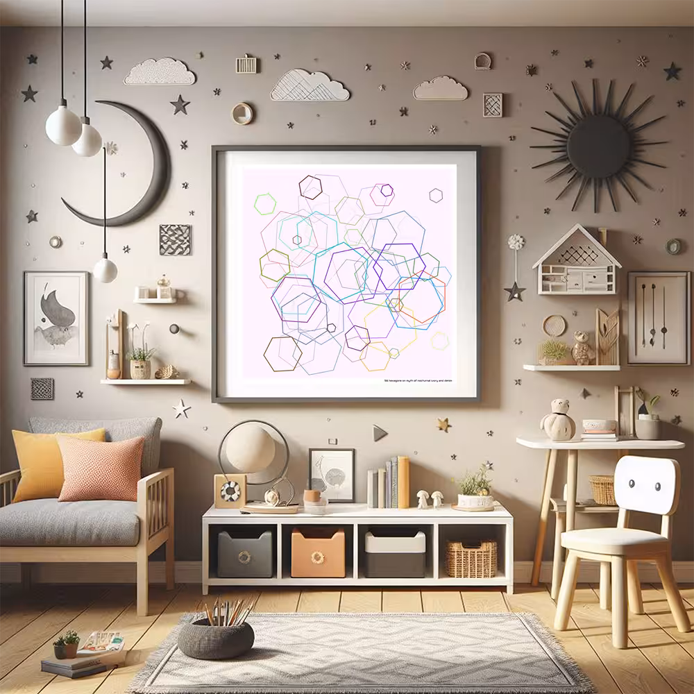 56 hexagons on myth of nocturnal ivory and denim in room setting