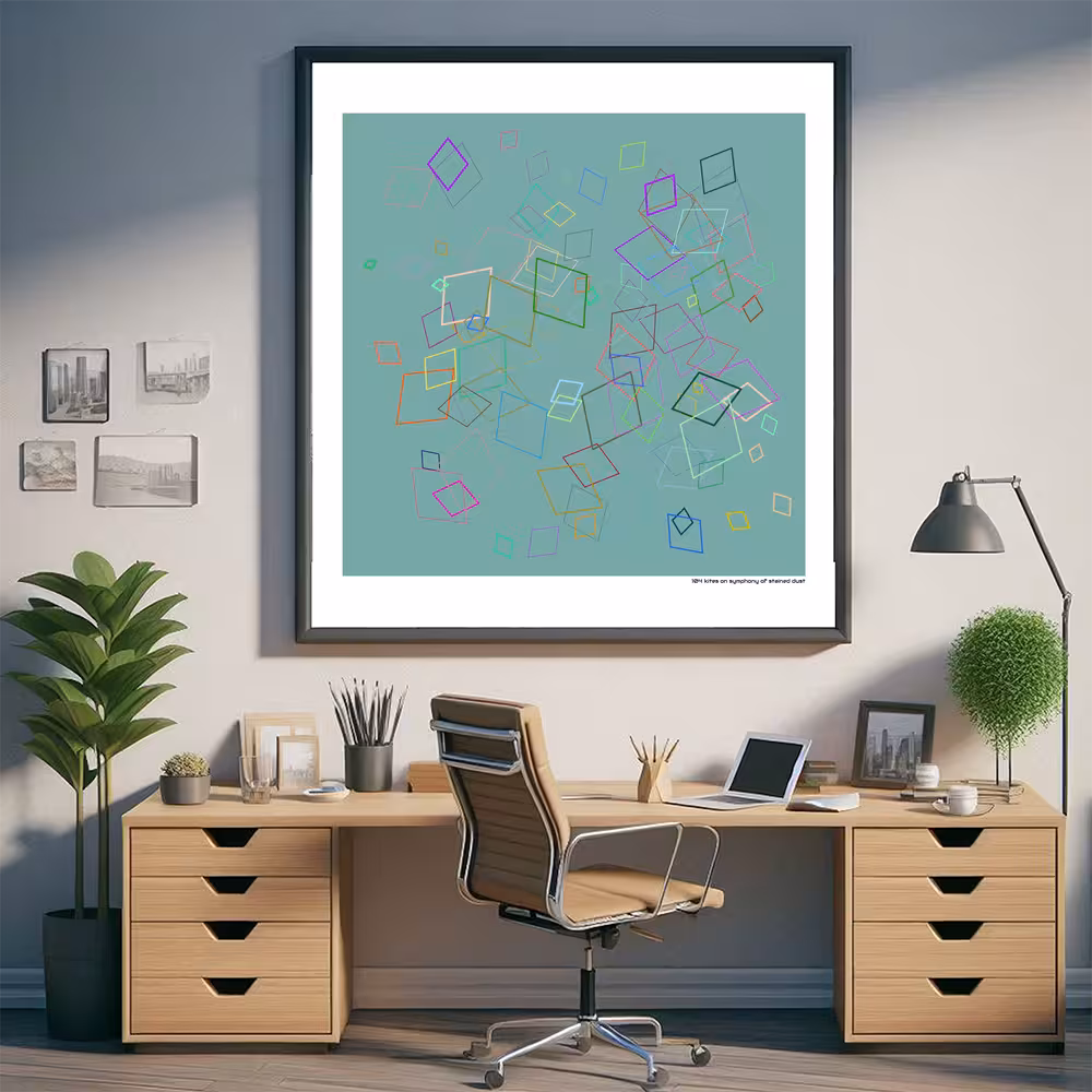 104 kites on symphony of stained dust in room setting