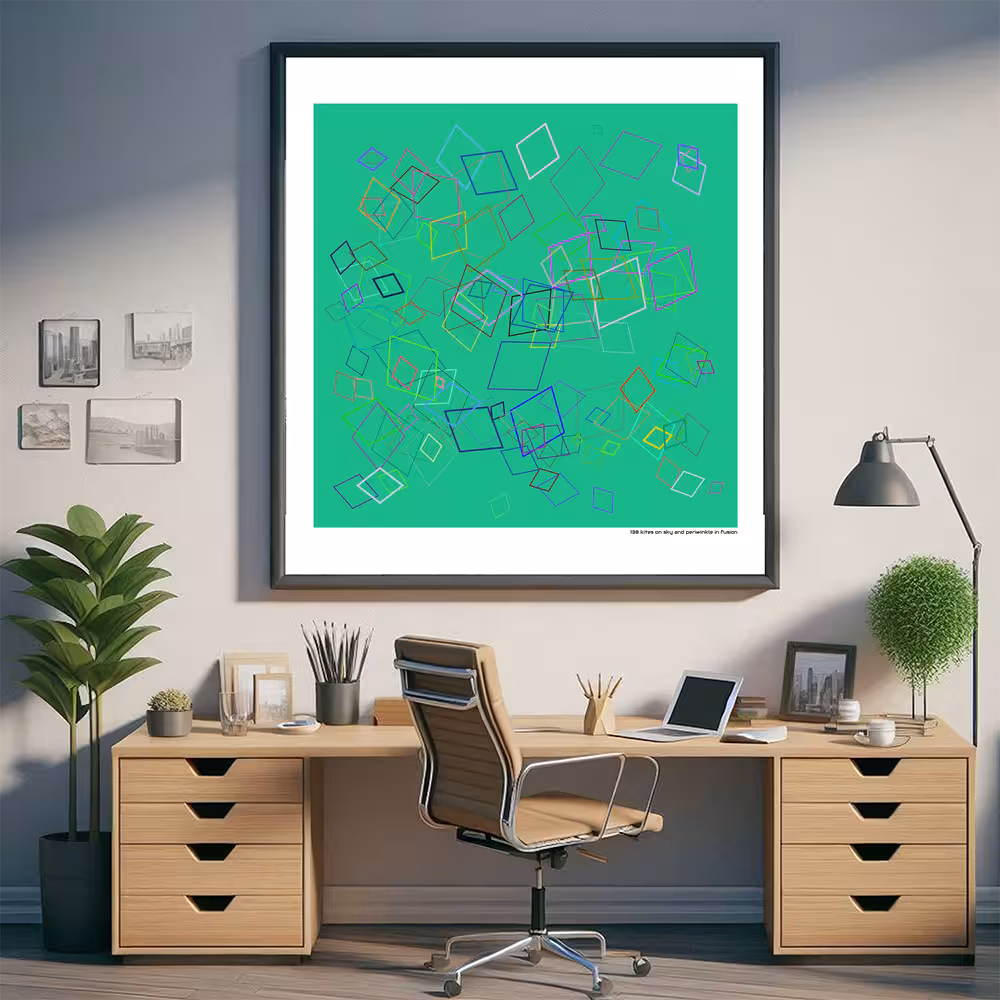 138 kites on sky and periwinkle in fusion in room setting