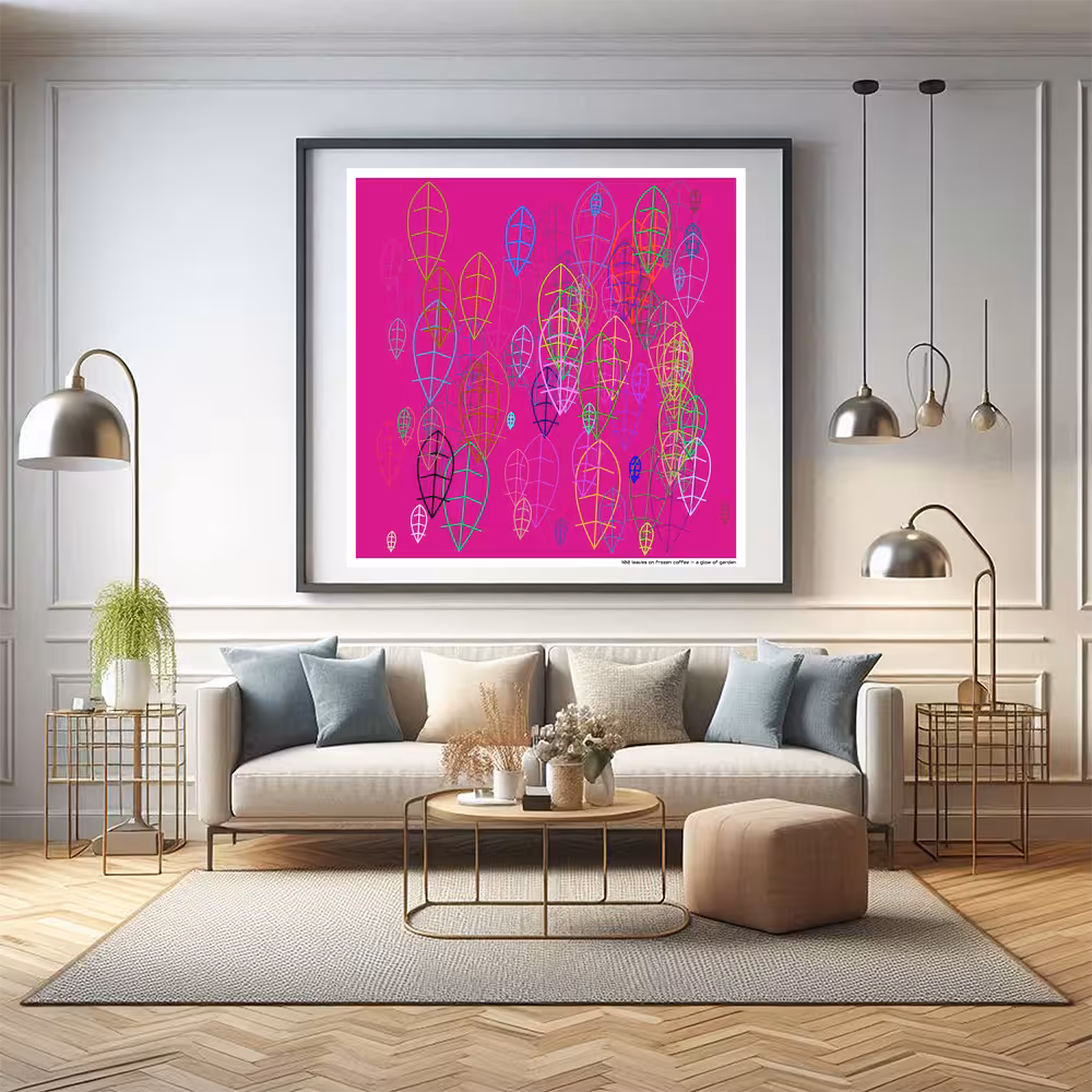 102 leaves on frozen coffee — a glow of garden in room setting