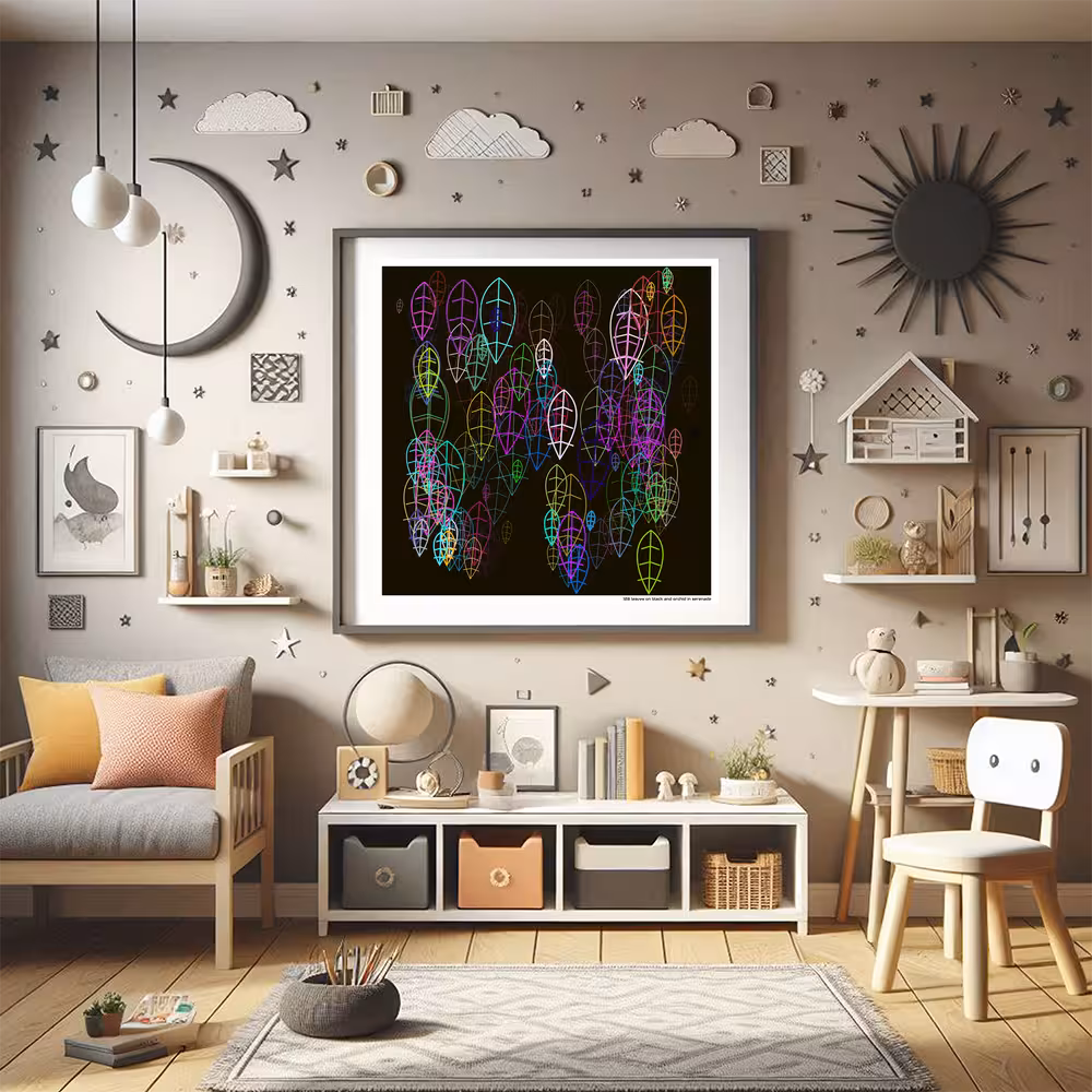 128 leaves on black and orchid in serenade in room setting