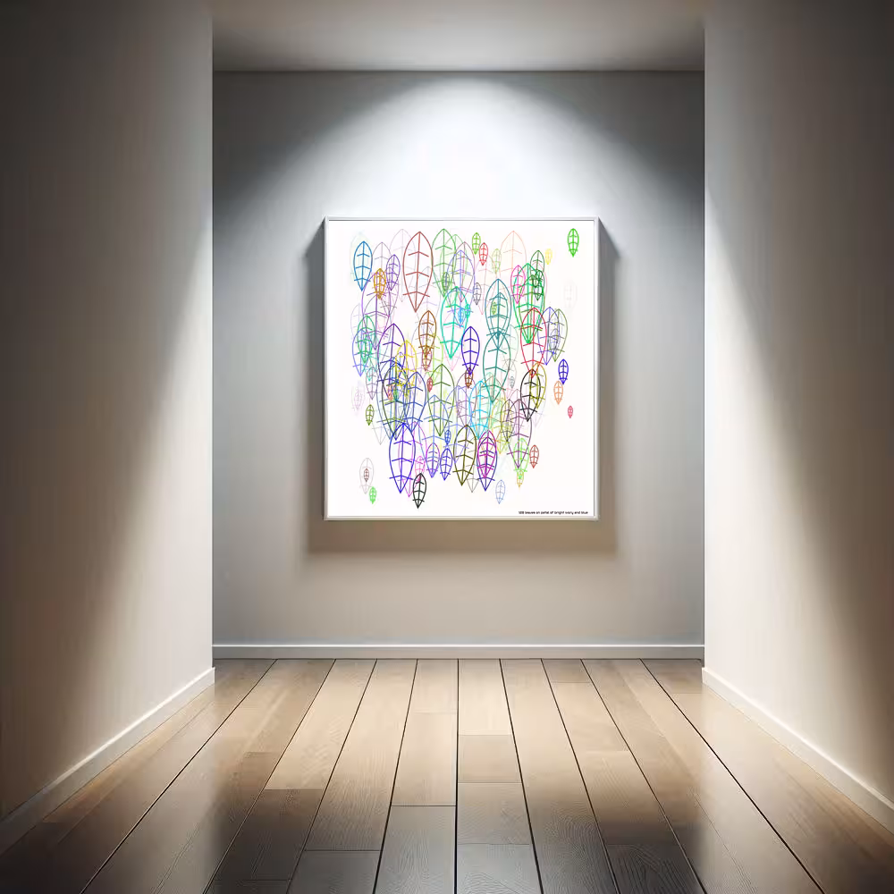 128 leaves on petal of bright ivory and blue in room setting