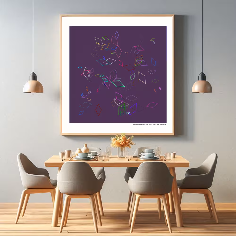 89 lozenges on shrine of silken chartreuse and garnet in room setting