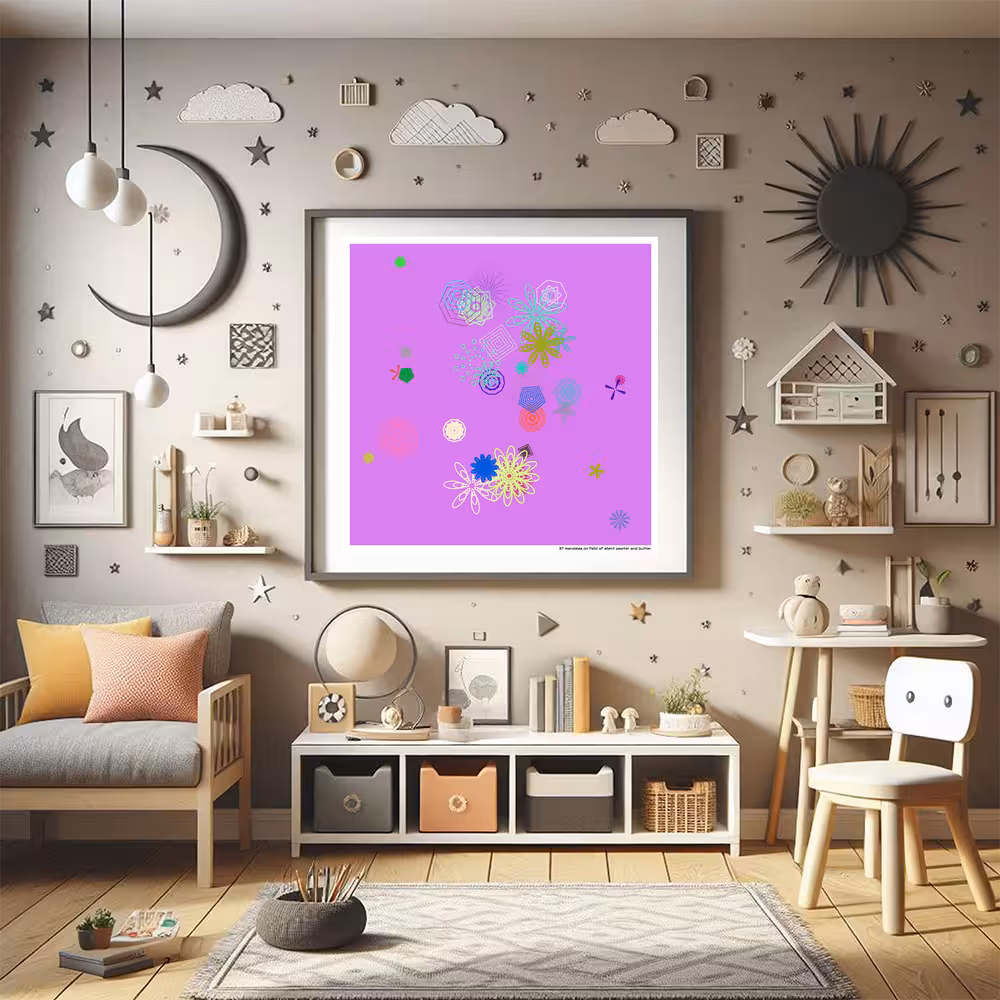 37 mandalas on field of silent pewter and butter in room setting