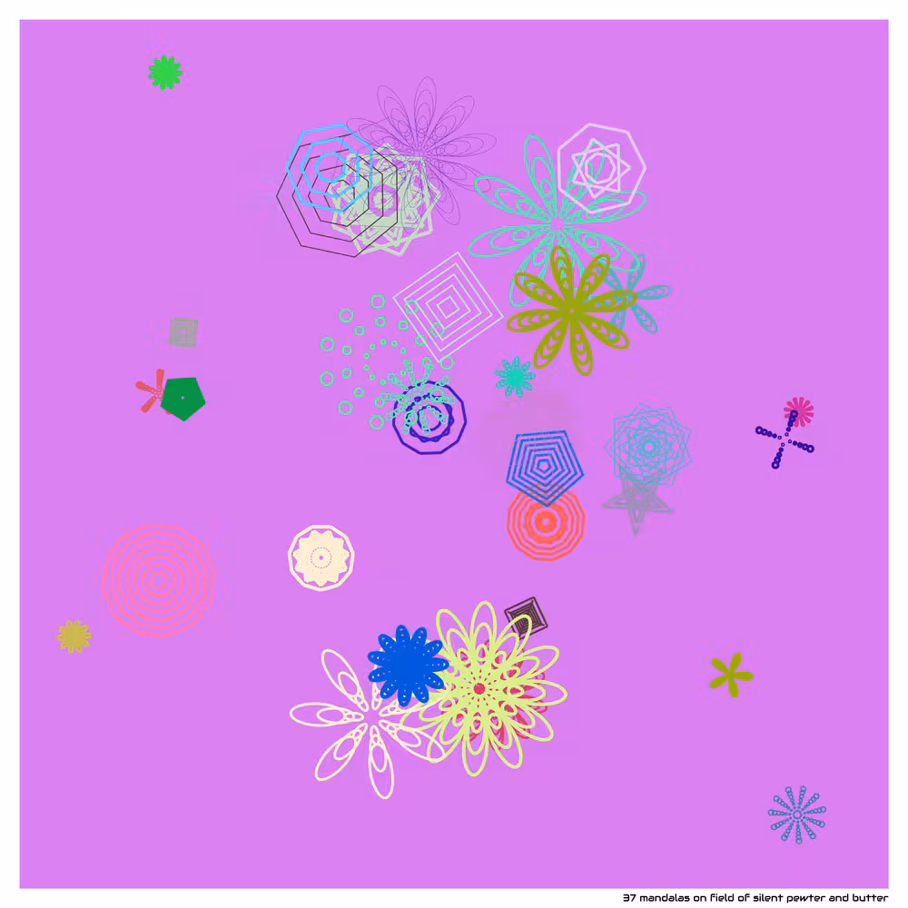 37 mandalas on field of silent pewter and butter