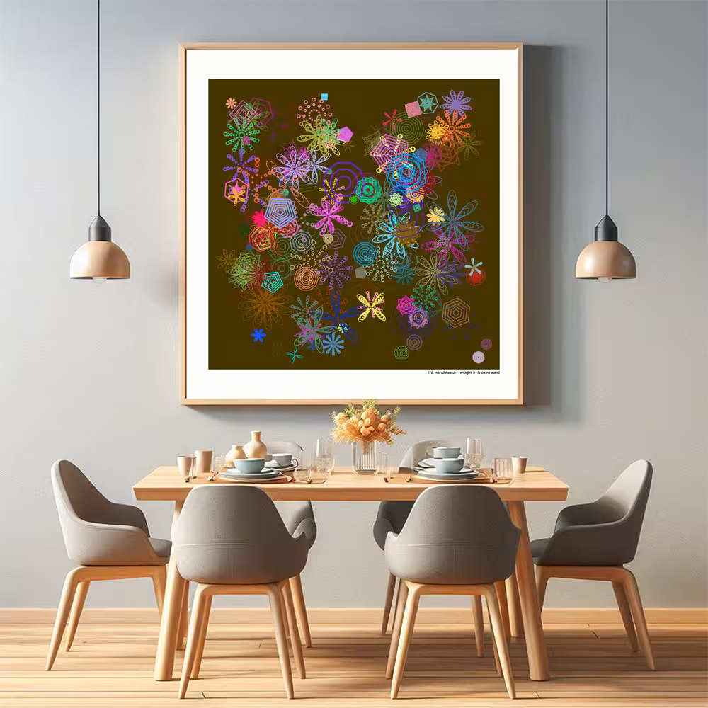 172 mandalas on twilight in frozen sand in room setting