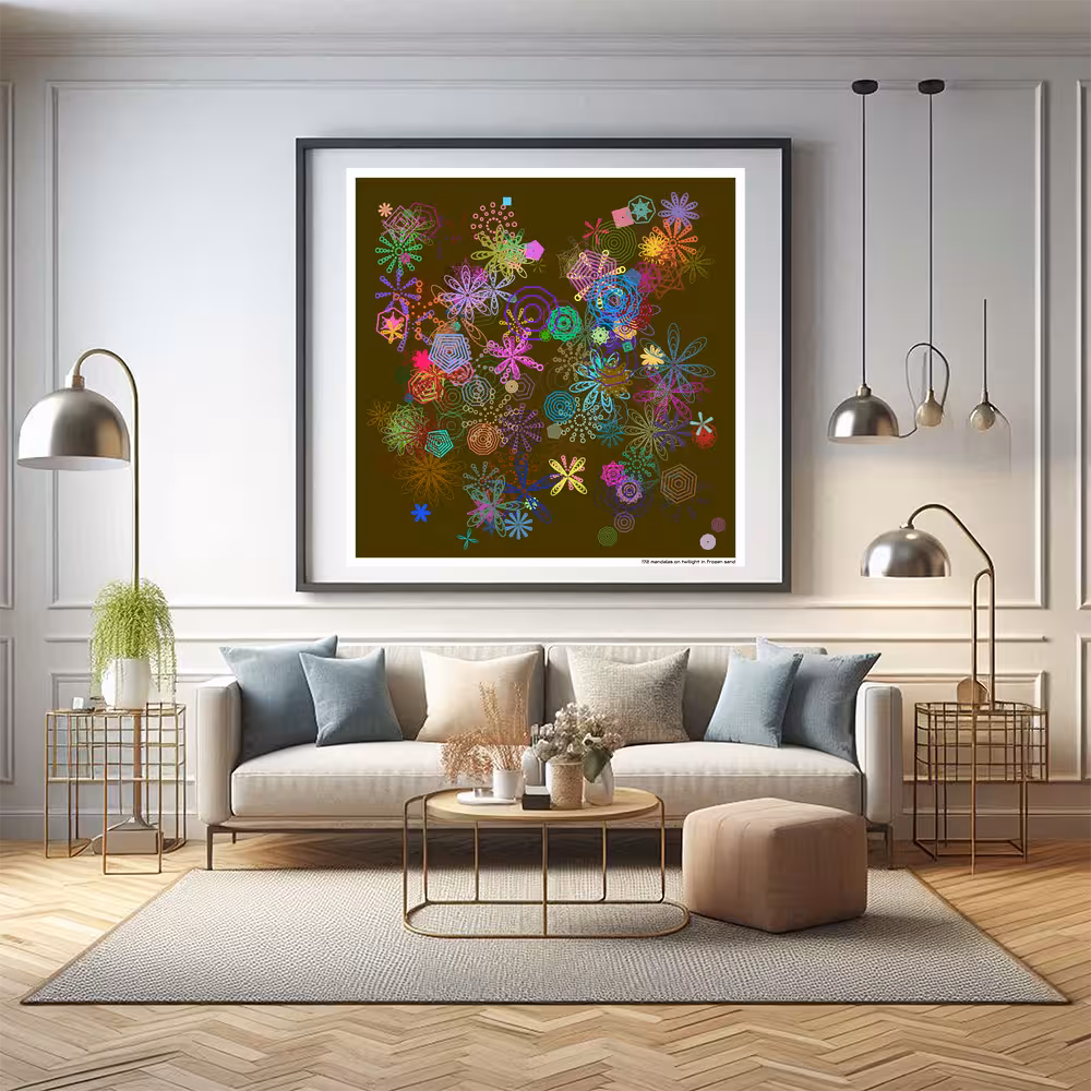 172 mandalas on twilight in frozen sand in room setting