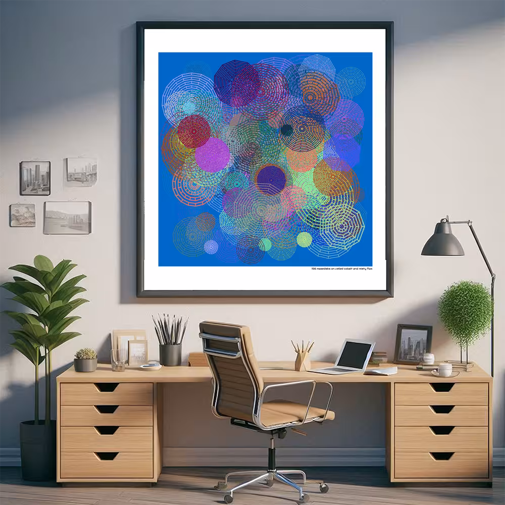 156 mazedisks on veiled cobalt and misty flax in room setting