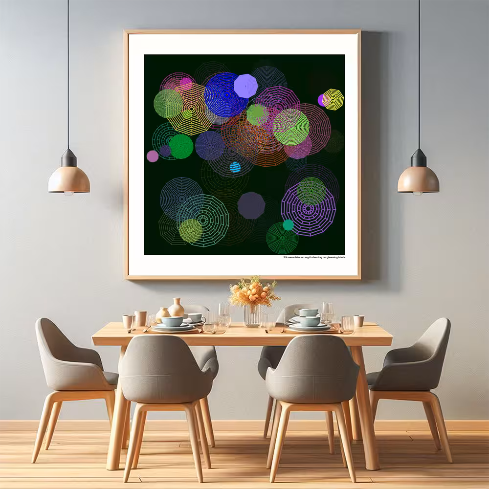 59 mazedisks on myth dancing on gleaming black in room setting