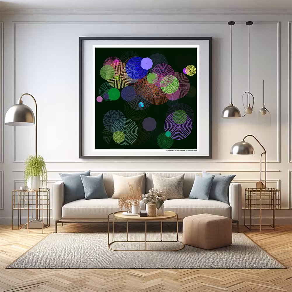 59 mazedisks on myth dancing on gleaming black in room setting