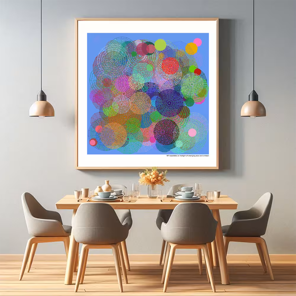 197 mazedisks on twilight of emerging olive and crimson in room setting