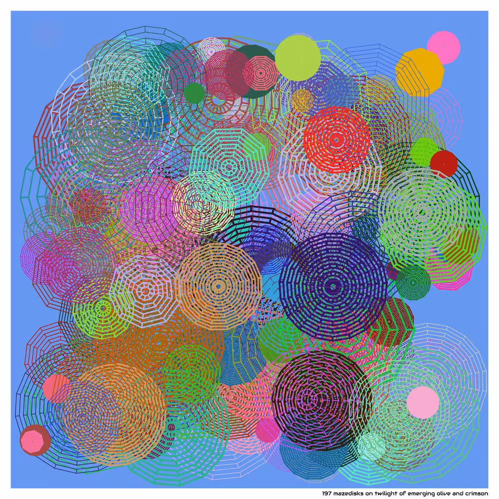 197 mazedisks on twilight of emerging olive and crimson
